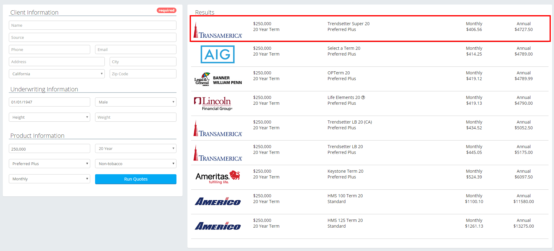 70 Years Old Male $250,00 20-Year Term