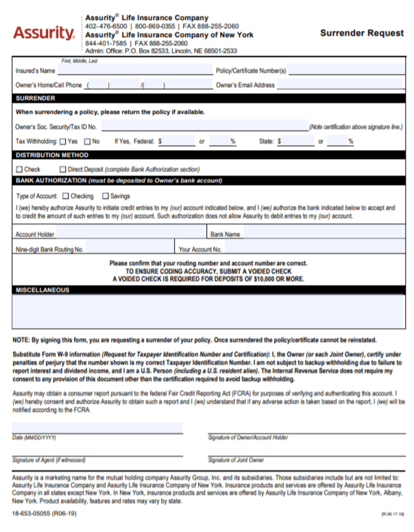 Assurity website Surrender Request form