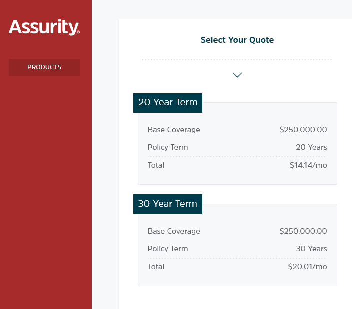 Assurity website select policy quote screen