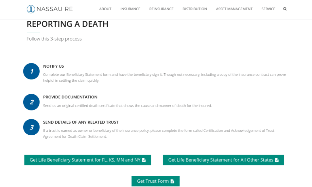 Nassau Re Life Insurance Website Reporting a Death 3-Step Process