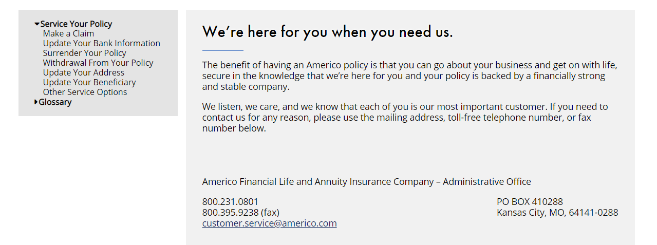 Americo Service your Policy Page