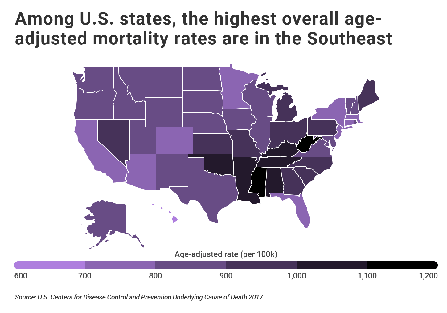 heat map showing mortality rates by US state