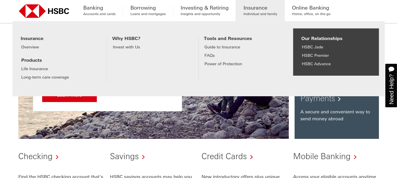 HSBC website homepage with menu