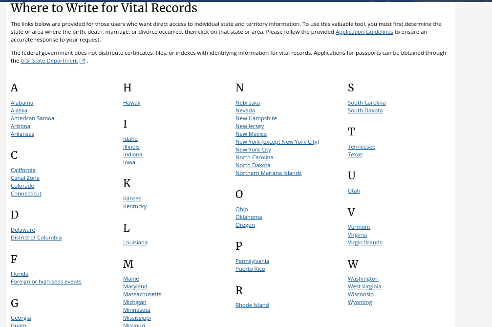 CDC Vital Records List