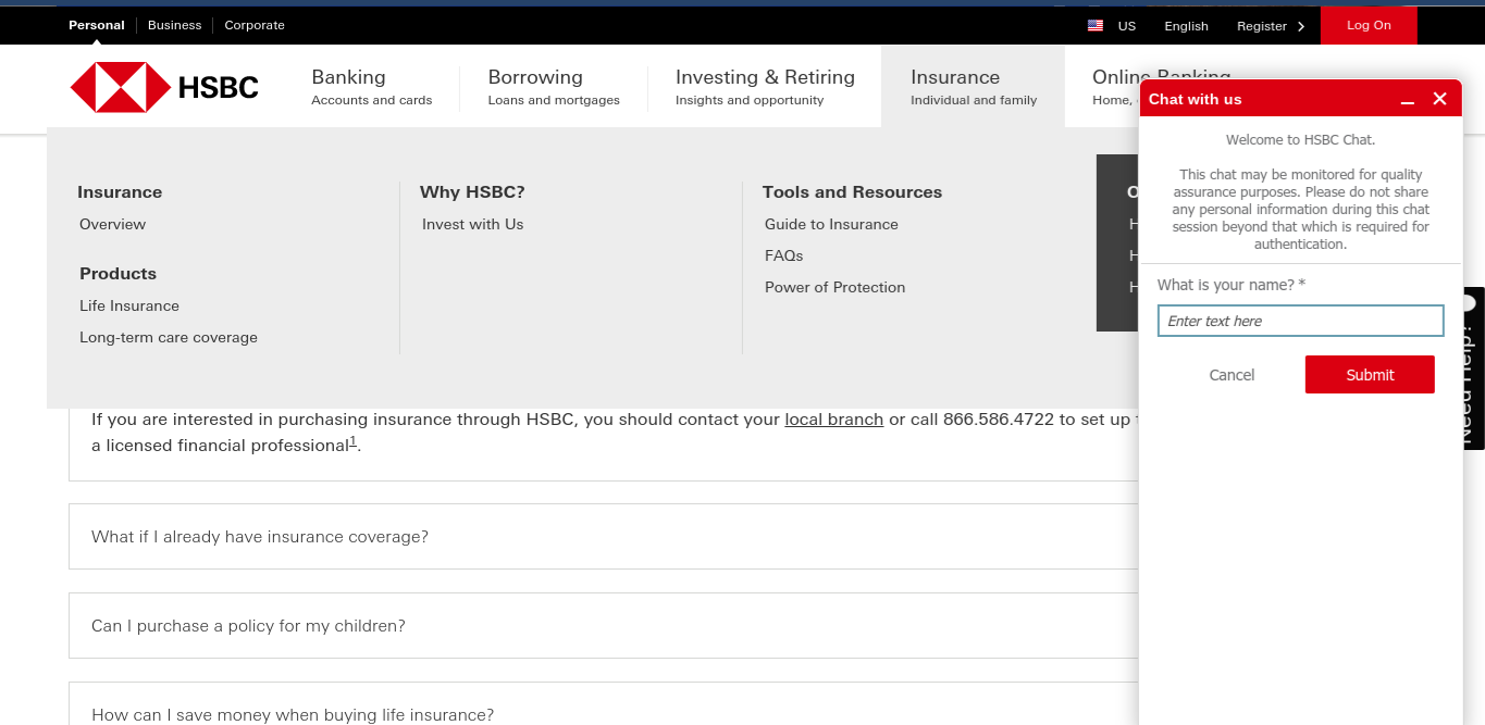 HSBC Website Chat Box Screenshot