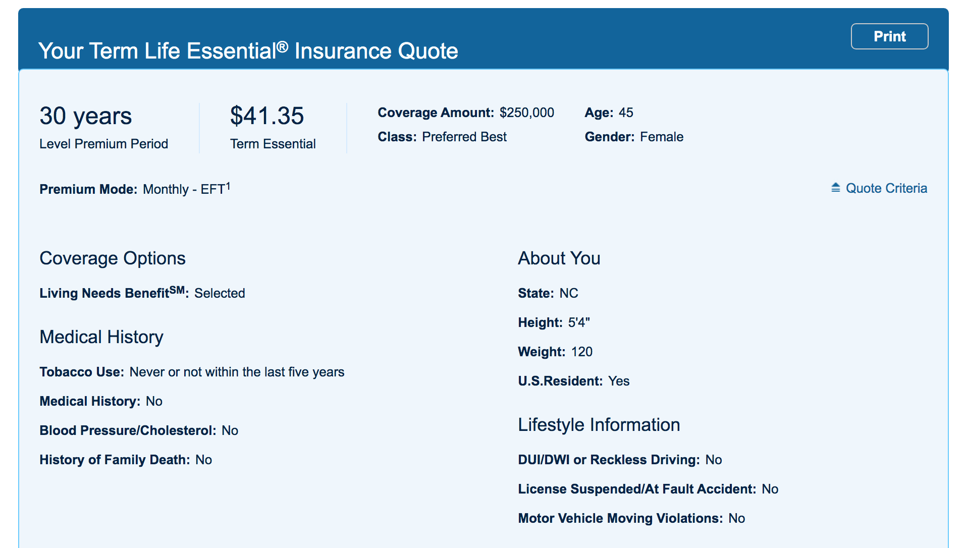 Prudential website Find a Life Insurance Policy page insurance quote results