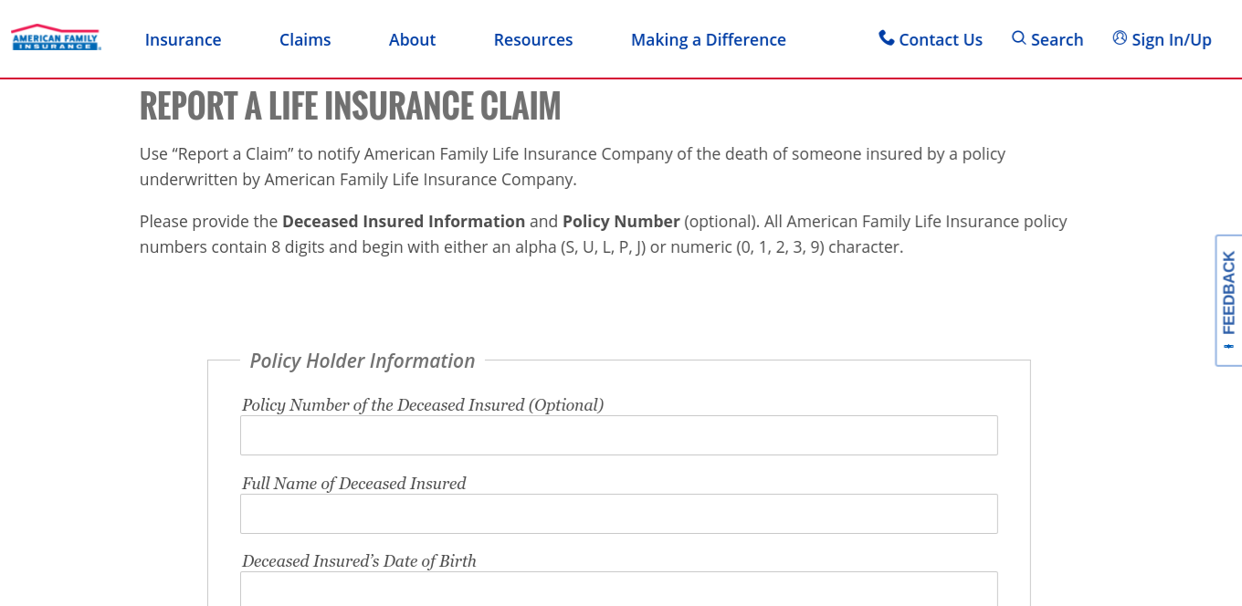 Screenshot of the Life Insurance Online Claim Form (American Family)