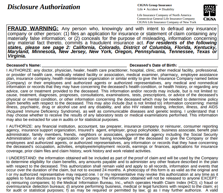 Cigna Disclosure Authorization Form