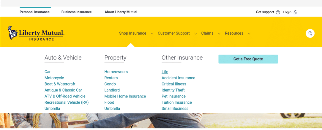 Liberty Mutual Life Insurance website Shop Insurance page